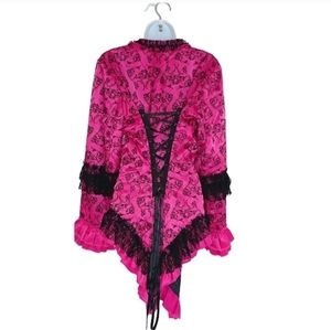 Vintage merry pink black goth skull satin victorian ruffle punk corset jacket XL